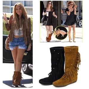 Minnetonka Fringe Studded Mid Calf Boot Moccasin